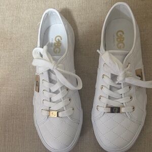 GBG Los Angeles Quilted White Sneakers with Gold Accents
